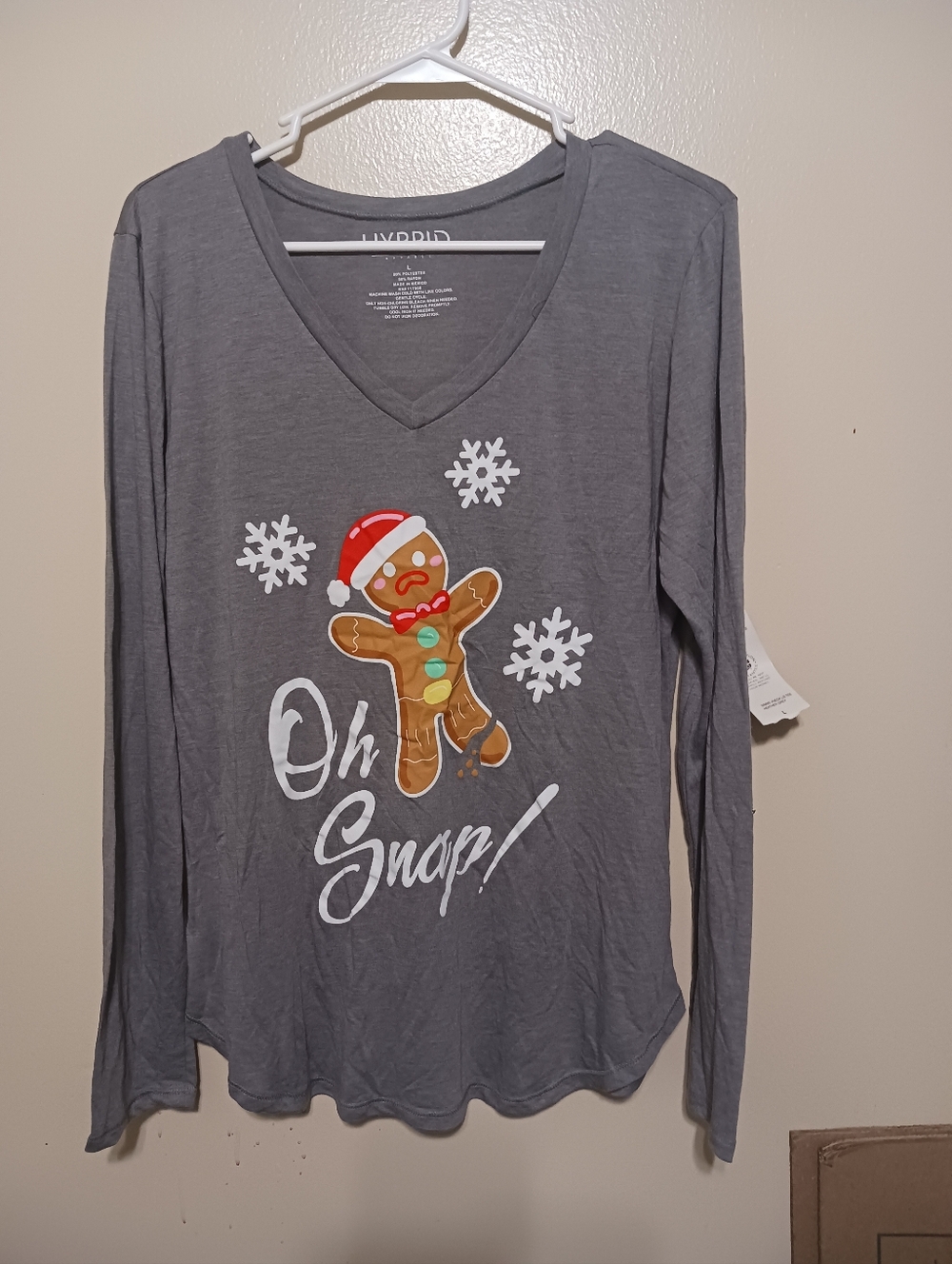 Hybrid Apparel Gray Holiday Gingerbread Graphic V-Neck Long Sleeve Top Large A-6